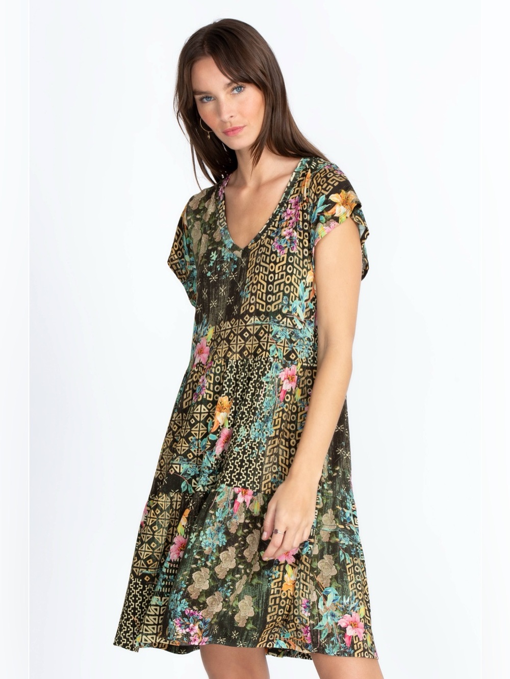 Johnny Was Weller Tiered Hem Mixed Print Boho Floral Short Sleeve Dress